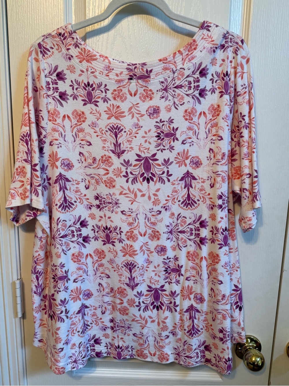 croft & barrow Cream Short-Sleeve Top with Purple and Coral Floral Pattern